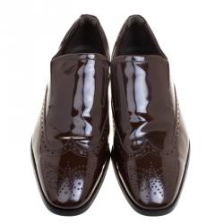 Pre Owned Tod's Brown Patent Brogue Leather Slip Ons Size 43