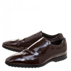 Pre Owned Tod's Brown Patent Brogue Leather Slip Ons Size 43