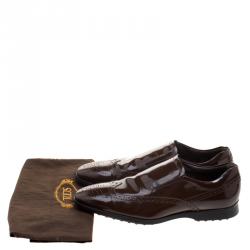 Pre Owned Tod's Brown Patent Brogue Leather Slip Ons Size 43