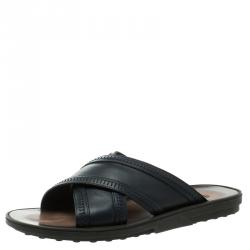 Tod's Navy Blue Leather Crossed Strap Slider Sandals Size 41.5