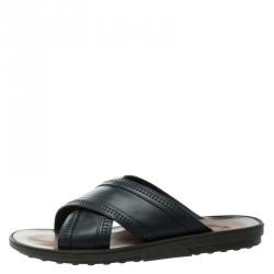 Tod's Navy Blue Leather Crossed Strap Slider Sandals Size 41.5