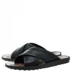 Tod's Navy Blue Leather Crossed Strap Slider Sandals Size 41.5