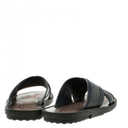 Tod's Navy Blue Leather Crossed Strap Slider Sandals Size 41.5