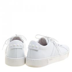 مملوكة مسبقًا Tod's White Leather Embroidery Stitch Panel Lace Up Sneakers Size 39.5