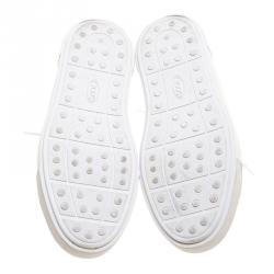 مملوكة مسبقًا Tod's White Leather Embroidery Stitch Panel Lace Up Sneakers Size 39.5