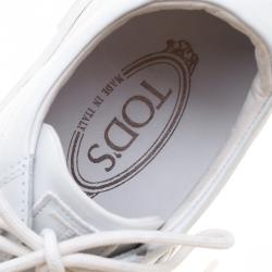 مملوكة مسبقًا Tod's White Leather Embroidery Stitch Panel Lace Up Sneakers Size 39.5