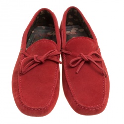 Tod's For Ferrari Red Suede with Camo Print Lining Bow Loafers Size 41.5