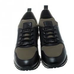  Tod's Khaki Green/Black Knit Fabric and Leather Pebbled Heel Slip On Sneakers Size 42
