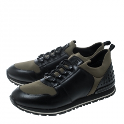  Tod's Khaki Green/Black Knit Fabric and Leather Pebbled Heel Slip On Sneakers Size 42