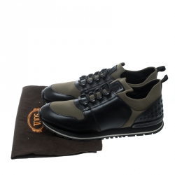  Tod's Khaki Green/Black Knit Fabric and Leather Pebbled Heel Slip On Sneakers Size 42