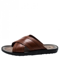 Tod's Brown Leather Crossed Strap Slider Sandals Size 42