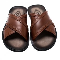 Tod's Brown Leather Crossed Strap Slider Sandals Size 42