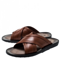 Tod's Brown Leather Crossed Strap Slider Sandals Size 42
