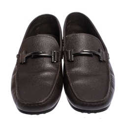 Pre Owned Tod's Brown Textured Leather T-Bar Loafers Size 42.5