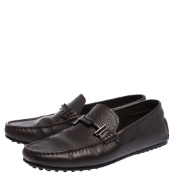 Pre Owned Tod's Brown Textured Leather T-Bar Loafers Size 42.5