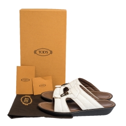 Tod's White Leather And Ostrich Embossed Trim Platform Slide Sandals Size 44.5
