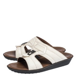 Tod's White Leather And Ostrich Embossed Trim Platform Slide Sandals Size 44.5