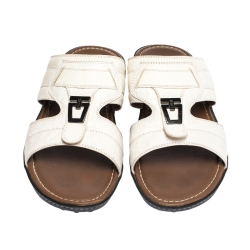 Tod's White Leather And Ostrich Embossed Trim Platform Slide Sandals Size 44.5