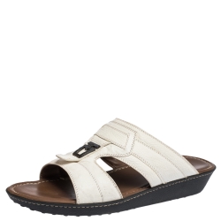 Tod's White Leather And Ostrich Embossed Trim Platform Slide Sandals Size 44.5