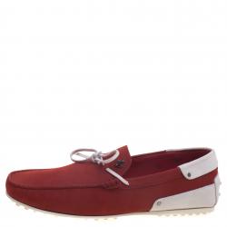 Pre Owned Tod's For Ferrari Red and White Leather Bow Loafers Size 42.5