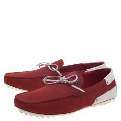 Pre Owned Tod's For Ferrari Red and White Leather Bow Loafers Size 42.5