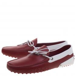 Pre Owned Tod's For Ferrari White and Red Leather Bow Loafers Size 44.5