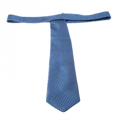 Pre Owned Tom Ford Blue and White Herringbone Pattern Embroidered Traditional Silk Tie