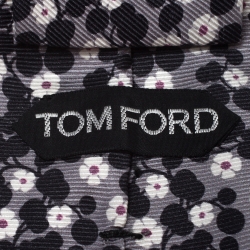 Tom Ford Grey and Black Floral Print Silk Traditional Tie