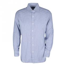 Pre Owned Tom Ford Blue and White Cotton Houndstooth Pattern Long Sleeve Shirt XL
