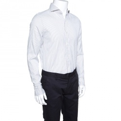 Pre Owned Tom Ford White and Grey Striped Cotton Long Sleeve Button Front Shirt L
