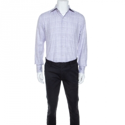 Tom Ford White & Lavender Checked Cotton Button Front Shirt M