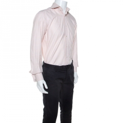 Tom Ford Pale Pink Gingham Check Textured Cotton Button Front Shirt M
