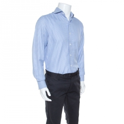 Tom Ford Blue Textured Houndstooth Checked Cotton Button Front Shirt M