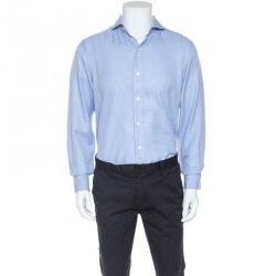 Tom Ford Blue Textured Houndstooth Checked Cotton Button Front Shirt M