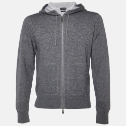 Grey Cotton Knit Zip Front Hooded Jacket