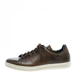 Tom Ford Brown Perforated Burnished Leather Warwick Low Top Sneakers Size 43