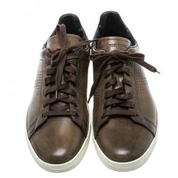 Tom Ford Brown Perforated Burnished Leather Warwick Low Top Sneakers Size 43
