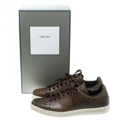 Tom Ford Brown Perforated Burnished Leather Warwick Low Top Sneakers Size 43