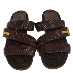 Pre Owned Tom Ford Brown Braided Leather Grafton Slide Espadrille Sandals Size 42
