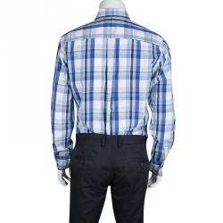 Tommy Hilfiger Blue Checked Cotton Long Sleeve Button Front Custom Fit Shirt L
