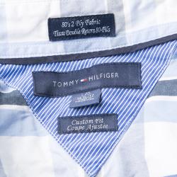 Tommy Hilfiger Blue Checked Cotton Long Sleeve Button Front Custom Fit Shirt L