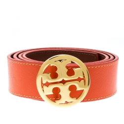 Pre Owned Tory Burch Orange Leather L Noe Reversible Logo Belt 115 CM