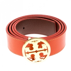 Pre Owned Tory Burch Orange Leather L Noe Reversible Logo Belt 115 CM