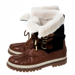 Tory Burch Brown Leather Shearling Lined High Top Boots Size 44