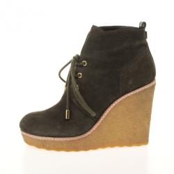 Pre Owned Tory Burch Olive Green Suede Lace Up Vicki Wedges Size 39.5