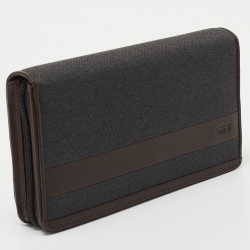 Pre Owned TUMI Grey/Brown Canvas and Leather Travel Zip Around Wallet