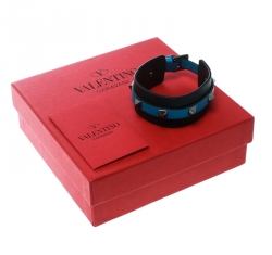 Pre Owned Valentino Large Rockstud Bi Color Blue Leather Gunmetal Tone Cuff Bracelet 