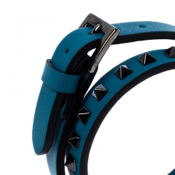 Pre Owned Valentino Rockstud Blue Leather Gunmetal Tone Wrap Bracelet