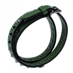 Pre Owned Valentino Rockstud Green Leather Gunmetal Tone Wrap Bracelet