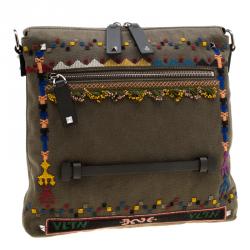 Valentino Olive Canvas Rockstud Bordado Messenger Bag